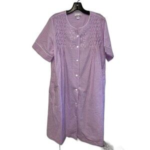 Miss Elaine Lilac Plaid Seersucker Snap House Dress Lounge Nightgown Robe L New
